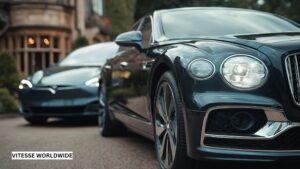 Exotic luxury limo fleet featuring Bentley, Tesla, and stretch limousine vehicles parked elegantly for VIP and special occasion transport.