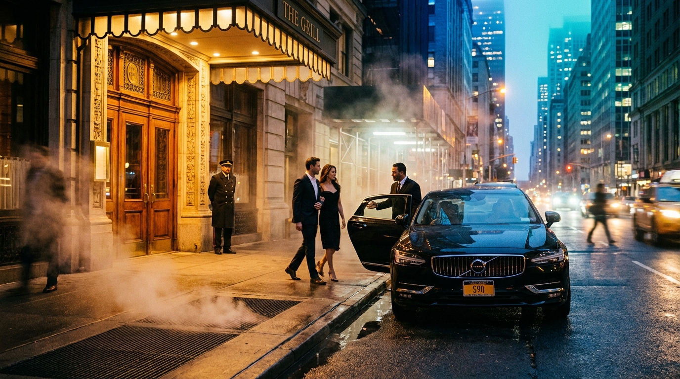 Elegant couple walking toward a waiting chauffeured black sedan on a New York City street at dusk, with city lights and buildings in the background.