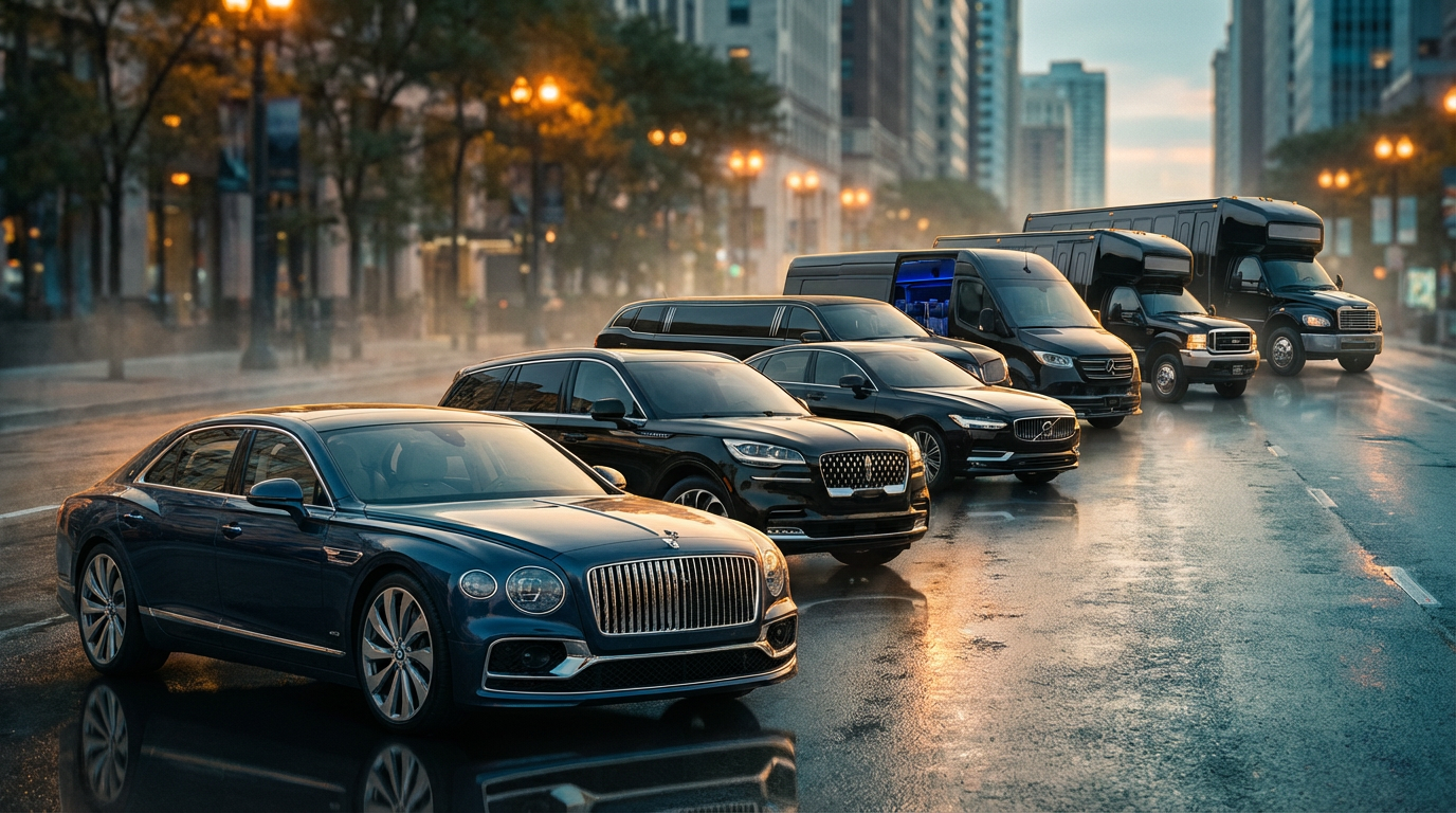 A complete fleet of black luxury sedans, SUVs, and executive vans parked in a neat row in front of an upscale building, showcasing premium, chauffeur-driven transportation options for corporate and VIP travelers.