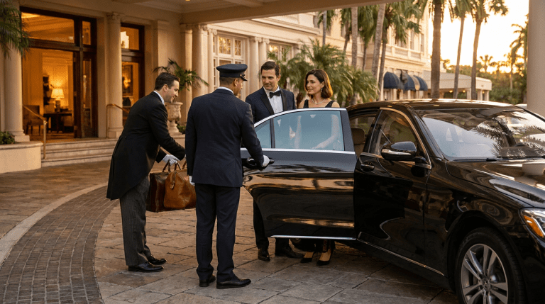 Well-dressed couple being escorted into a luxury chauffeured vehicle with white-glove service.