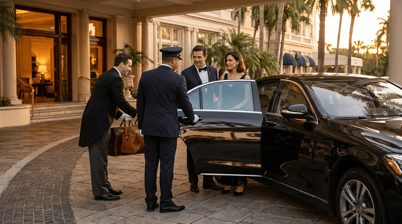 Well-dressed couple being escorted into a luxury chauffeured vehicle with white-glove service.