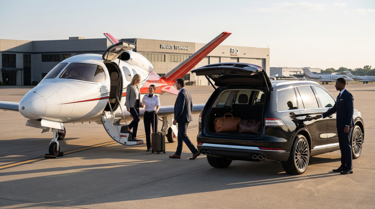 Luxury black SUV waiting at private jet terminal for business traveler jet-to-car transfer service by Vitesse Worldwide