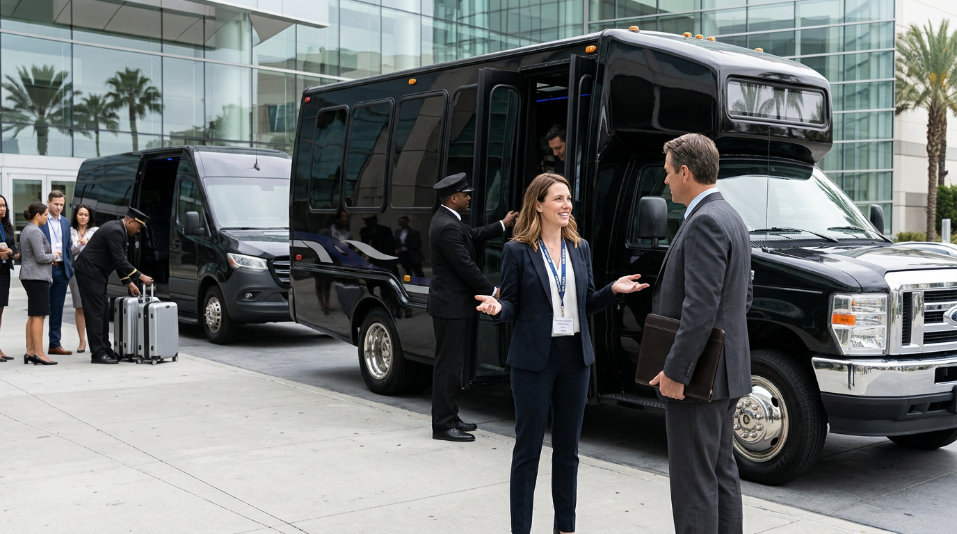 Professionals disembarking a luxury shuttle at a corporate event arrival zone